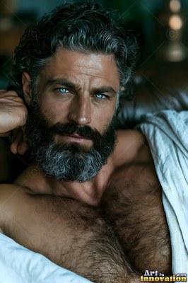 A full-bearded man rests against a pillow, looking forward with bright blue eyes