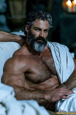 Resting against white pillows, a broad-shouldered man with a pale gray beard looks forward