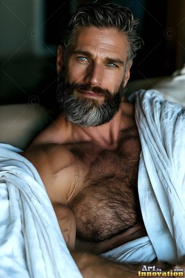 A man with a beard with blue eyes rests wrapped in white sheets