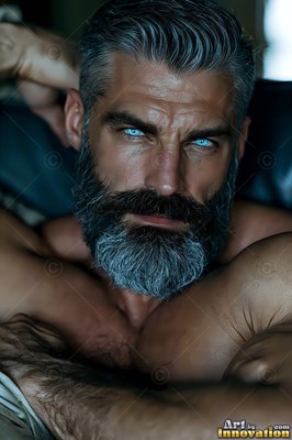 Close-up of a shirtless man with ice-blue eyes and a thick pale gray beard leaning back indoors