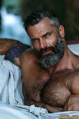 A man with a bare chest with a thick pale gray beard and bright blue eyes rests on white sheets