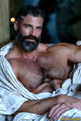 In a dim room, a full-bearded man reclines wrapped in white sheets