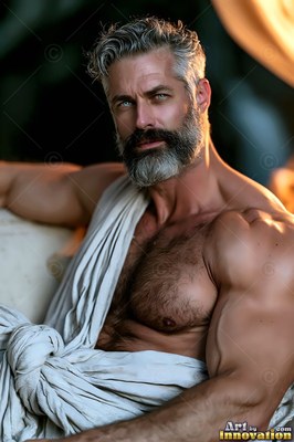 Lounging in white cloth, a muscular gray-bearded man gazes forward in warm light