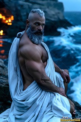 Muscular gray-haired man with a beard in a white robe on rocky cliffs by the sea