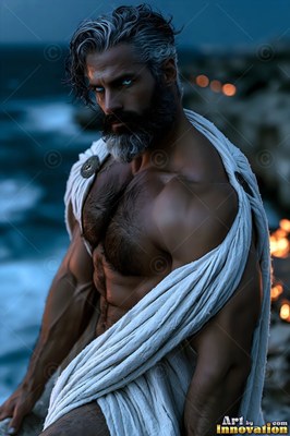 Draped in a white toga, a bearded muscular man looks out over dark coastal waters at night