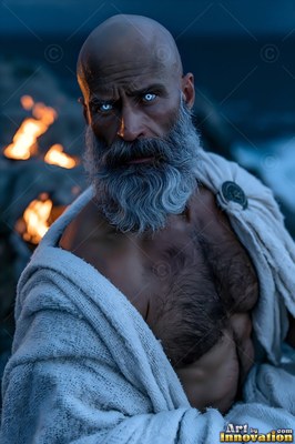 A man sporting a beard looks ahead with bright blue eyes, wearing a draped white cloth in the cool dusk