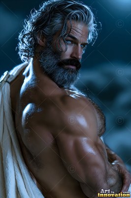 Turned away in the night, a muscular man with a gray beard looks back