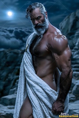A muscular gray-haired man with a beard in a white robe stands on a dark rocky mountain at night