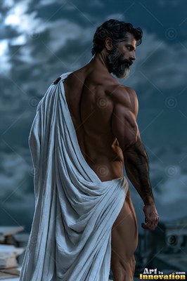 Under a stormy night sky, a strong man who has a beard stands draped in white fabric