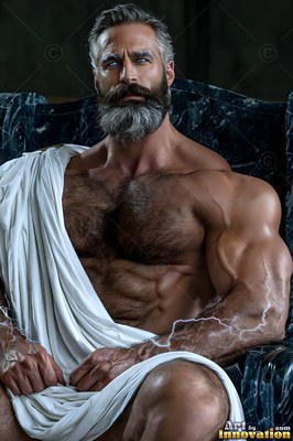 Sitting on a dark stone throne, a bearded athletic man wears a white drape with lightning on his arms