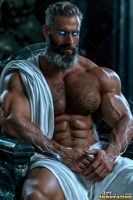 Muscular man with a silver beard sits with lightning across his arms