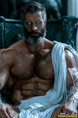 A strong man with a beard sits in a marble chair with bright blue light shining in his eyes