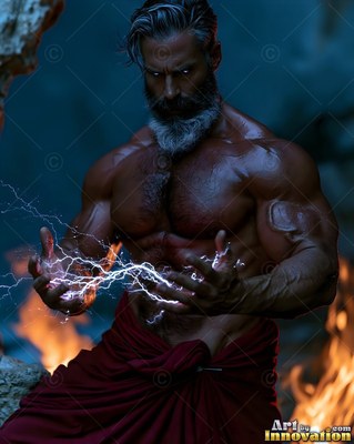 Facing forward before a fire, a broad-shouldered man holds blue lightning in his hands