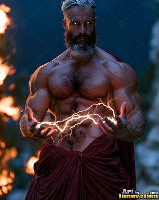 A strong man with a graying beard holds crackling sparks between his hands
