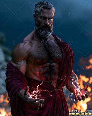 Before a dark storm, a man with a beard in red robes holds sparks in his hands