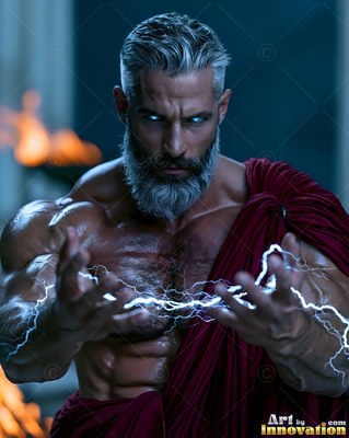 Holding lightning between his hands, a muscular bearded man wears a red robe