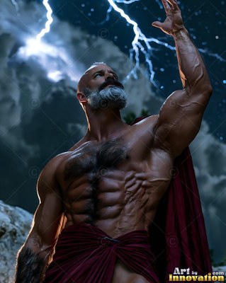 A bearded athletic man raises one hand under blue lightning