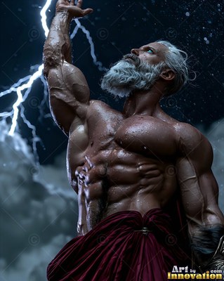 An athletic man with a silver beard raises one arm in dark storm clouds split by lightning