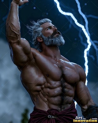 A muscular man raises his hand under bright blue lightning in a dark sky