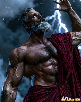Looking upward, a muscular bearded man raises his arm under lightning in a storm