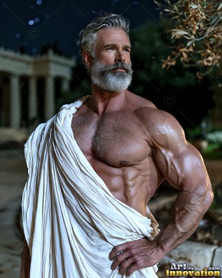 Muscular gray-haired man sporting a beard wrapped in a white toga standing at night