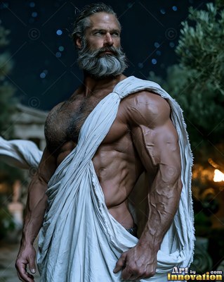 A muscular man with a silver beard wears a white toga in a dim courtyard at night