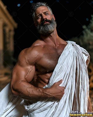 Turned sideways outside, a muscular full-bearded man holds a white toga at night