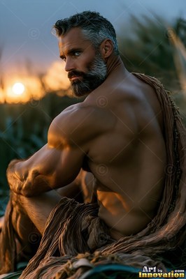 A muscular gray-full-bearded man sits outside in brown cloth at sunset