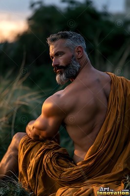 In a grassy field at dusk, a man with a bare chest with a graying beard turns in orange cloth
