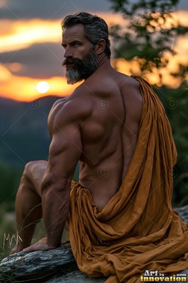 Looking back at sunset, a strong man with a gray beard sits draped in orange fabric