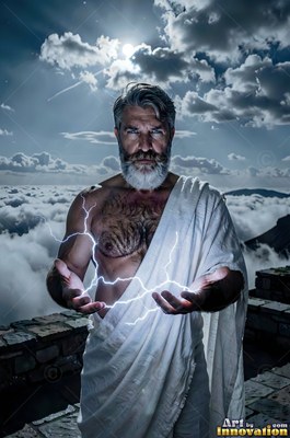 Man who has a beard dressed in a white robe holds lightning above clouds