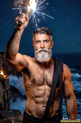 A curly silver beard marks an unclothed-torso man holding a fiery torch on a dark ocean cliff