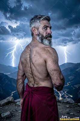 A bare-chested gray-haired man looks back over his shoulder as white lightning flashes behind him