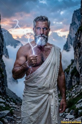 Standing in a mountain pass, a man with a beard holds a bolt of lightning