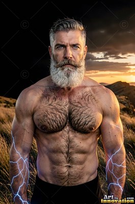 A shirtless, strong man with a white beard stands outdoors with blue lightning on his arms