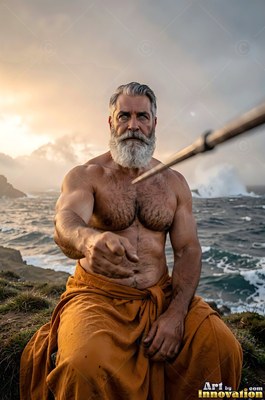 On a stormy coast, a bare-chested man with a gray beard sits in an orange cloth