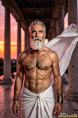 Standing in the rain, a bare-chested man with a white beard wears draped white cloth by stone pillars