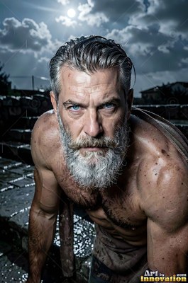 A bearded man leans forward outside under a dark stormy sky
