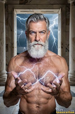 Facing forward in a marble doorway, a shirtless older man holds lightning in his hands