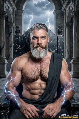 Sitting on a black marble throne, a muscular bearded man holds blue lightning around his arms