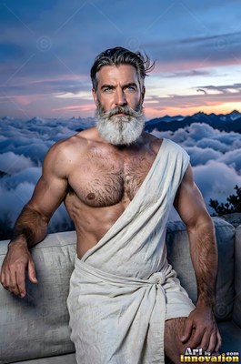 A full-bearded man wearing a white toga sitting above mountain clouds
