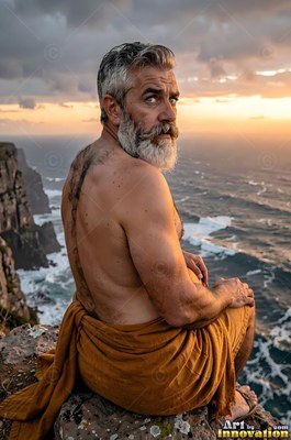 Draped in yellow cloth, an unclothed-torso man with a gray beard sits on a cliff above the sea