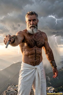 A silver-man who has a beard reaches forward on a mountain under dark clouds with white lightning