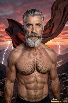 Facing forward on a windy mountaintop, a bare-chested man with a graying beard stands in lightning
