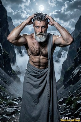 A muscular gray-haired man with a beard in a cloth robe holds his head beneath a full moon