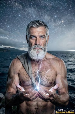 Holding white lightning between his palms, a shirtless bearded man stands before a dark sea