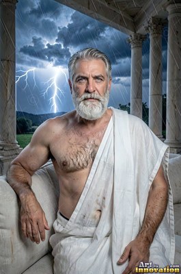 A silver-bearded man sits in a white toga before a thunderstorm