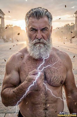 A bare-chested gray-bearded man grips white lightning in his fist under pale hazy sunlight