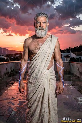 Standing on a wet rooftop terrace, a silver-man with a beard wears a cream toga