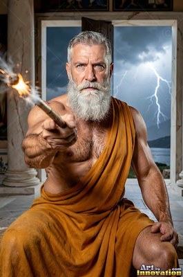 A broad-shouldered man sporting a beard in an orange robe points a sparking wand by stormy skies